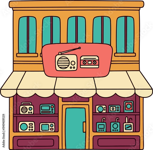 Colorful cartoon illustration of a vintage radio shop storefront with retro electronics display