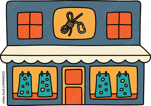 Cartoon outdoor gear shop with climbing equipment and rope sign, vector illustration