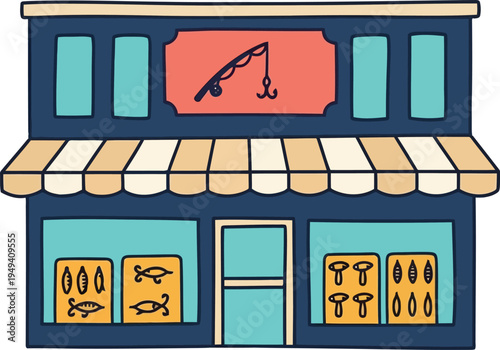 Cartoon Fishing Tackle Shop Exterior with Rod and Lure Sign for Outdoor Recreation