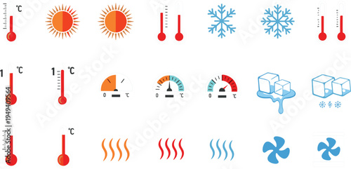 Set of temperature and climate control icons, flat vector symbols of thermometers, sun, snowflakes, ice cubes and heat indicators isolated on white background