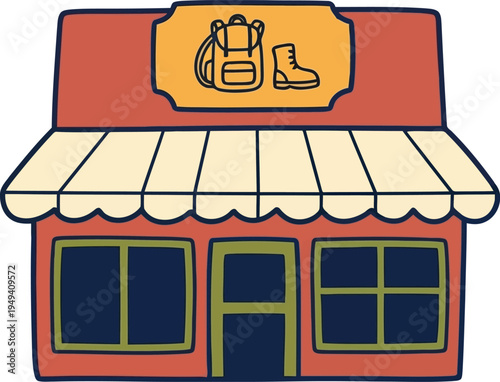 Outdoor gear shop illustration with backpack and hiking boot sign, storefront vector graphic