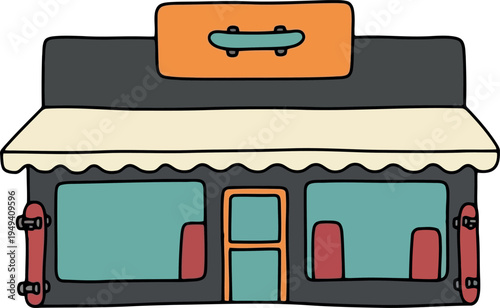 Cartoon skateboard shop exterior illustration with awning and signage for urban retail design
