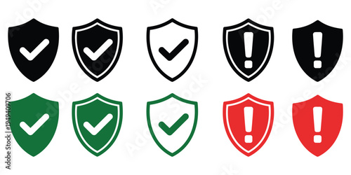 Safety Shield Icon Set with Check Mark and Exclamation Symbols, Security and Protection Sign Collection for Risk Warning, Approval, Verification and Safety System Vector Illustration