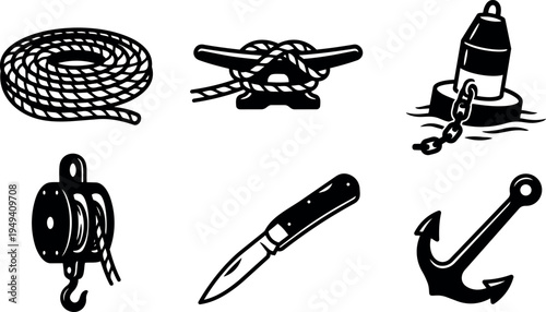 Black and white vector art of rope coil cleat knot buoy pulley knife and anchor isolated on white background