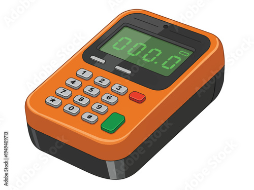 Orange electronic payment terminal with keypad and green display screen  isolated on white background