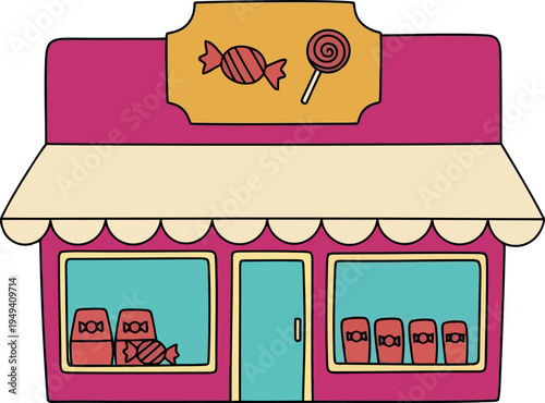 Colorful cartoon candy shop storefront illustration with sweets and lollipop sign