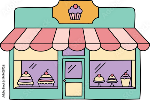 Cute cartoon bakery shop with striped awning and cupcake display, pastel colors, vector illustration