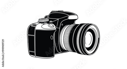 A detailed black and white illustration of a digital slr camera focusing on its body and lens silhouette high quality professional