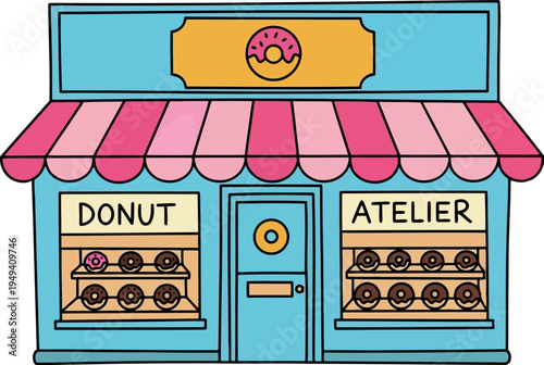 Colorful cartoon donut shop storefront illustration with pink striped awning and display windows