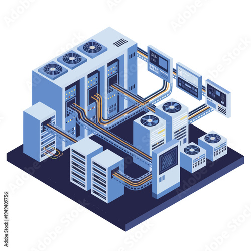Isometric Server Room Illustration - Data Center Infrastructure.
