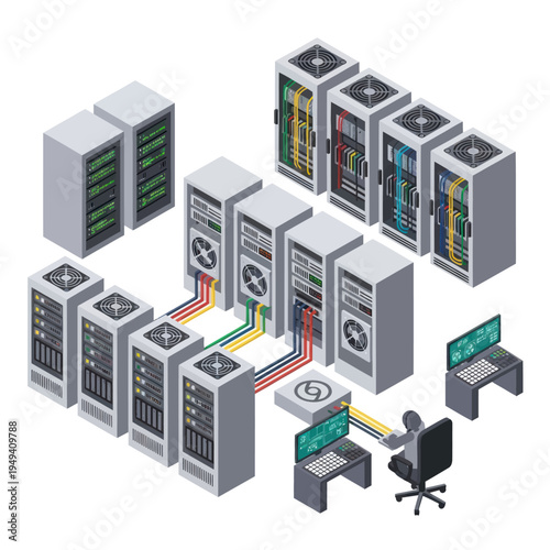 Isometric Server Room Illustration with Computers and Network Equipment.