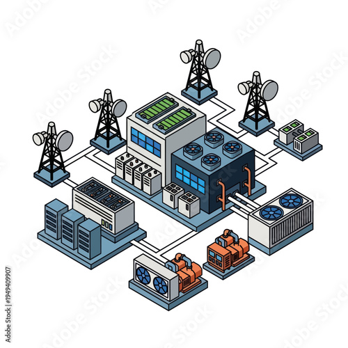 Isometric View of a Modern Telecommunications and Energy Infrastructure.