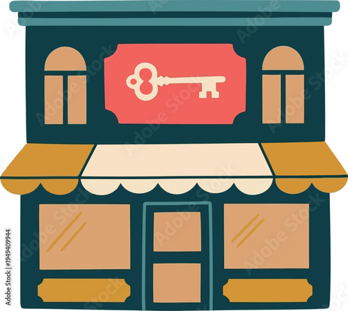 Vintage locksmith shop exterior illustration with key sign and storefront awning
