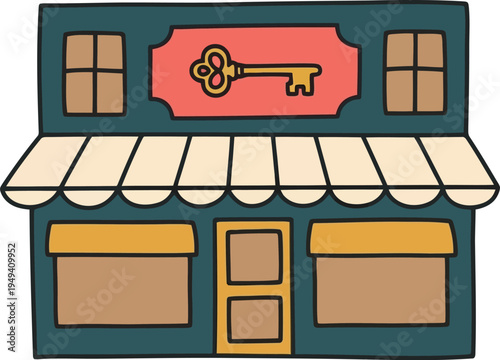 Cartoon locksmith shop exterior with vintage key sign and striped awning