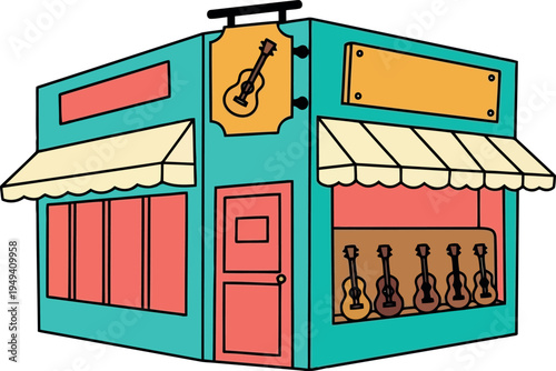 Colorful cartoon guitar shop exterior with display window and musical instruments