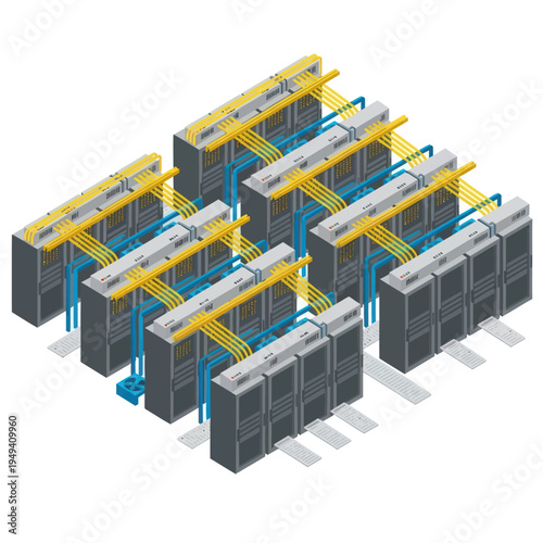 Isometric Data Center Illustration - Server Racks and Network Connections.