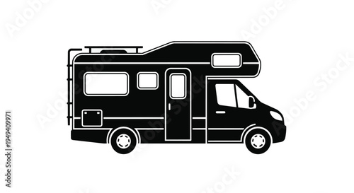 Black silhouette of a camper van with white outline on a pure