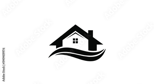 Black silhouette of a house on wavy lines, simple iconic design element for real estate or architecture