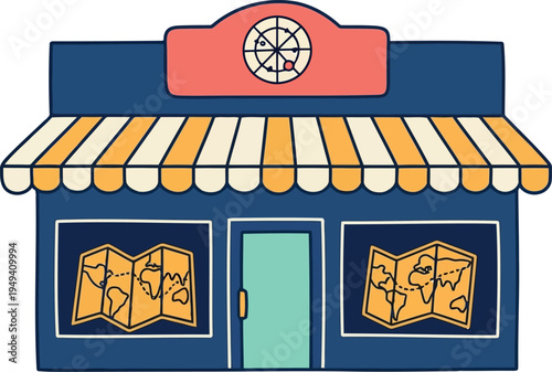 Cartoon travel agency storefront with striped awning and world map displays