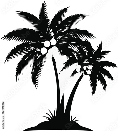 Black silhouette of two palm trees on a small island