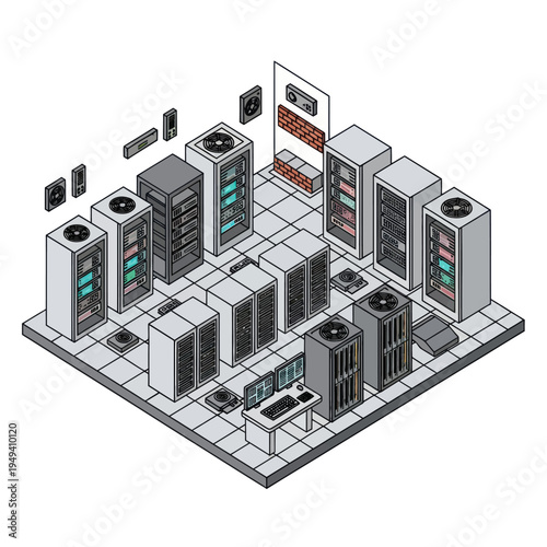 Isometric Server Room Illustration with Racks and Monitoring System.