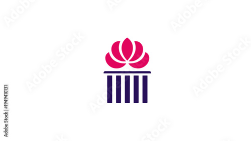 A stylized floral design atop a column of vertical bars, composed of magenta and indigo hues