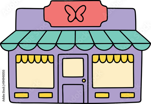 Cute pastel boutique shop front illustration with butterfly sign and striped awning