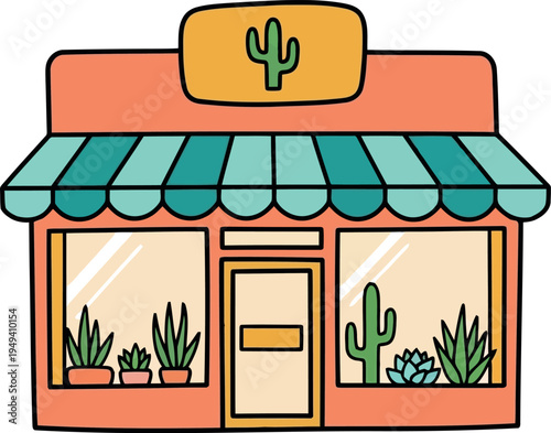 Cute Cartoon Cactus Shop Illustration with Succulents and Green Awning for Storefront Design