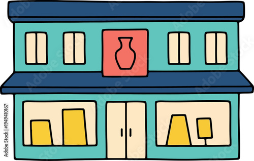 Colorful cartoon pottery shop exterior illustration with vase sign and display windows