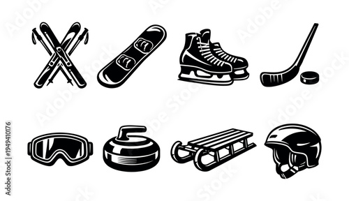 Winter sports equipment silhouette set with ski snowboard skates and helmet