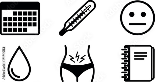 Minimalist black icons set calendar thermometer droplet neutral face pain abdomen notebook vector art collection