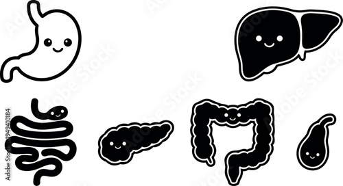 Cute smiling human digestive system organs vector set including stomach liver pancreas intestines and gallbladder in black and white minimal style