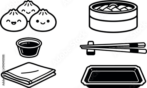 Minimalist vector line art of cute smiling dumplings with soy sauce chopsticks napkin and tray set isolated on white background