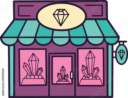 Colorful vector illustration of a crystal shop storefront with gemstones and diamonds in window display