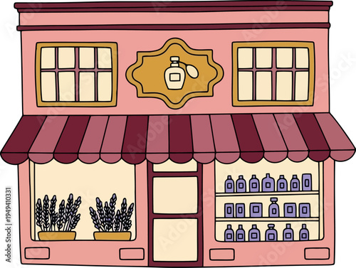 Cute hand-drawn perfume shop illustration with pink facade and striped awning