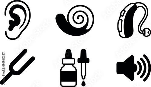 Black and white vector icons of ear hearing aid tuning fork ear drops and sound volume symbols set in simple style
