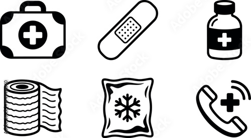 Black and white medical and first aid icons including first aid kit bandage medicine bottle toilet paper ice pack and emergency phone receiver