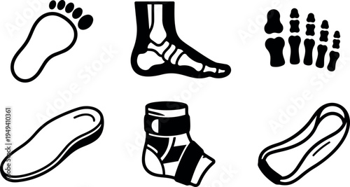 Black and white vector icons showing human foot footprint ankle bone anatomy in flat design isolated on white background
