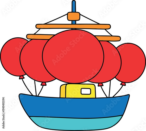 Cartoon illustration of a boat with red hot air balloons for creative transportation concept