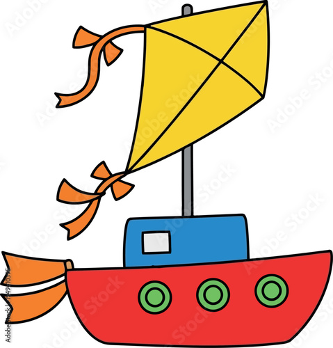 Colorful cartoon sailboat illustration with yellow sail and red hull for kids and educational design