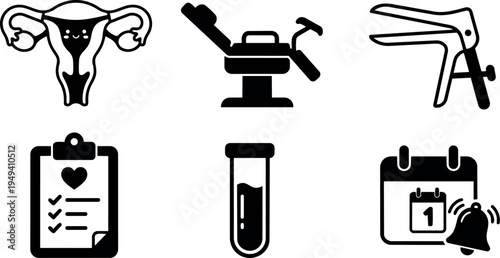 Black and white vector icons set including smiling uterus gynecological chair speculum health clipboard test tube and calendar with alarm bell