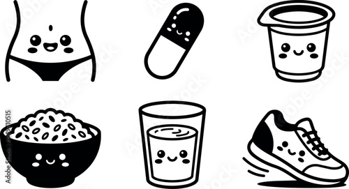Cute kawaii style smiling capsule pill yogurt bowl rice glass of milk and running sneaker icons set in simple black line art style