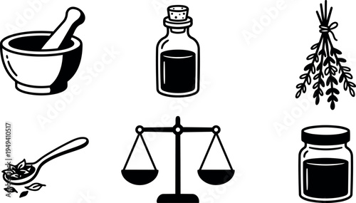 Black and white vector illustrations of mortar and pestle essential oil bottle dried herbs scales and glass jar for herbal medicine preparation