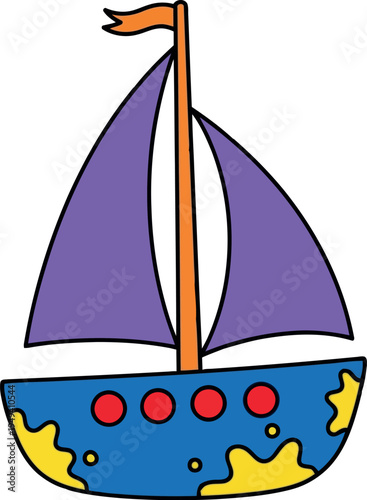 Colorful cartoon sailboat illustration with purple sails and blue hull for kids and educational designs