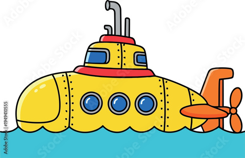 Obraz na plátne Cartoon yellow submarine illustration floating on water with blue windows and or