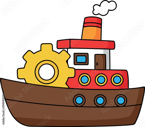 Cartoon tugboat illustration with smokestack and gear, colorful vector clipart for kids and education