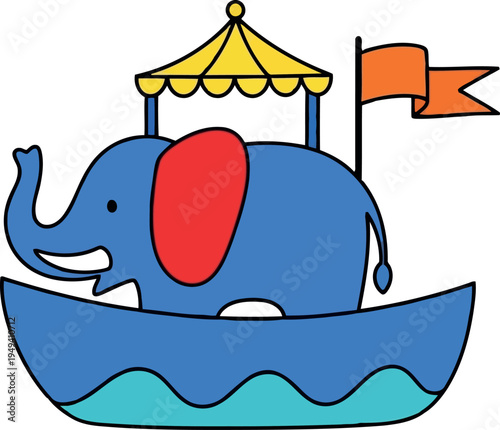 Cartoon Elephant Wearing a Circus Tent Hat on a Boat with Flag – Fun Children’s Illustration