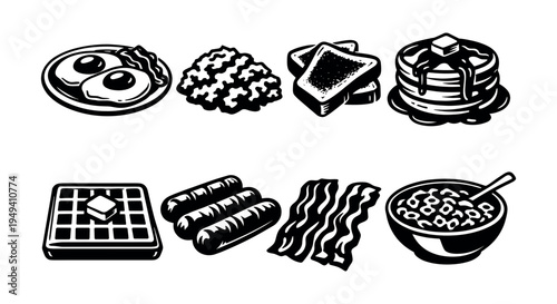 Breakfast food icons set with pancakes bacon eggs sausages vector illustration