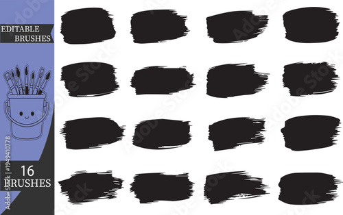 Set of 16 Editable Brushes Vector, Black Paint Stroke Collection, Hand Drawn Ink Smudges, Artistic Grunge Texture Elements for Graphic Design and Digital Art Illustration