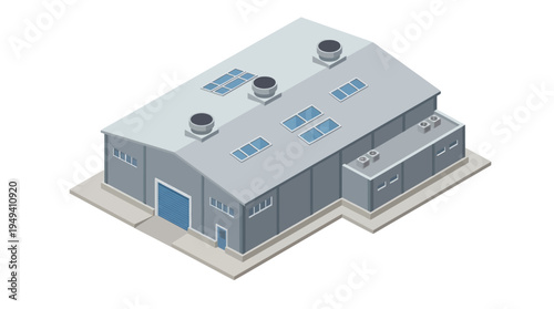 Isometric industrial building illustration with solar panels and roof vents, representing modern manufacturing and sustainable warehousing infrastructure
